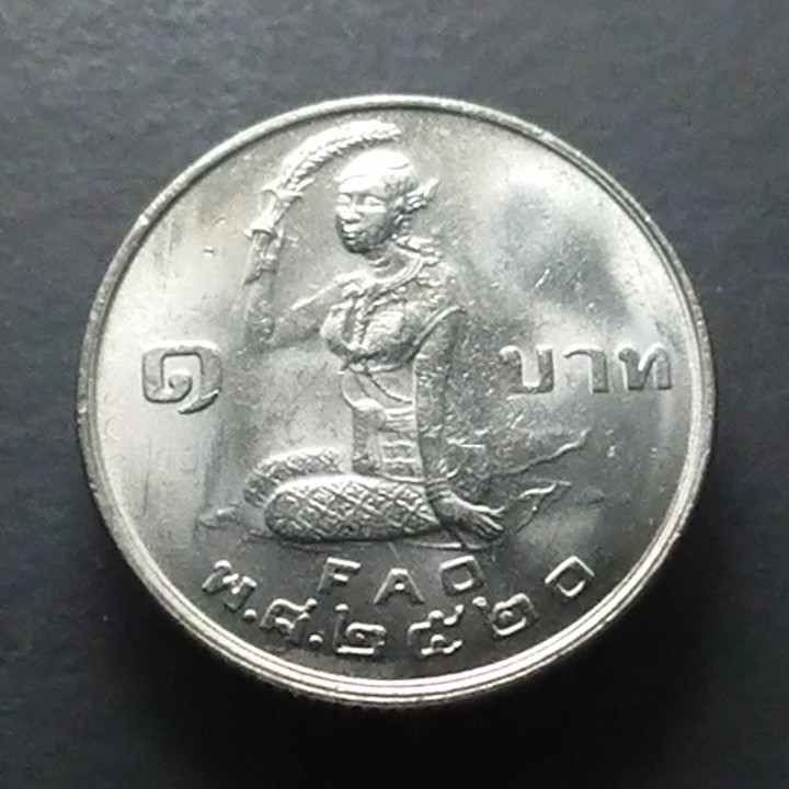 เหรียญ-1-บาท-นิกเกิล-เหรียญวาระ-เหรียญที่ระลึก-องค์การอาหาร-fao-โปรยข้าว-ปี-2520-ไม่ผ่านใช้