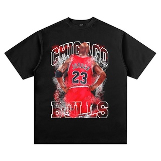 เสื้อยืดโอเวอร์ไซส์เสื้อยืดแขนสั้น เปิดไหล่ ผ้าฝ้าย ทรงหลวม พิมพ์ลาย Chicago Bull Jordan สไตล์วินเทจS-3XL