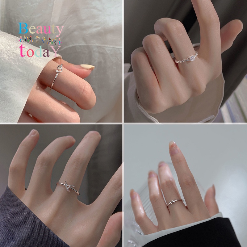 เครื่องประดับแหวนนิ้วมือแฟชั่นเกาหลีโซ่เงิน-rhinestone-รูปหัวใจ