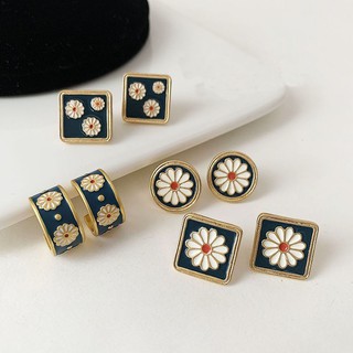 Enamel Flower Earrings Round Square Geometry Shape Korean