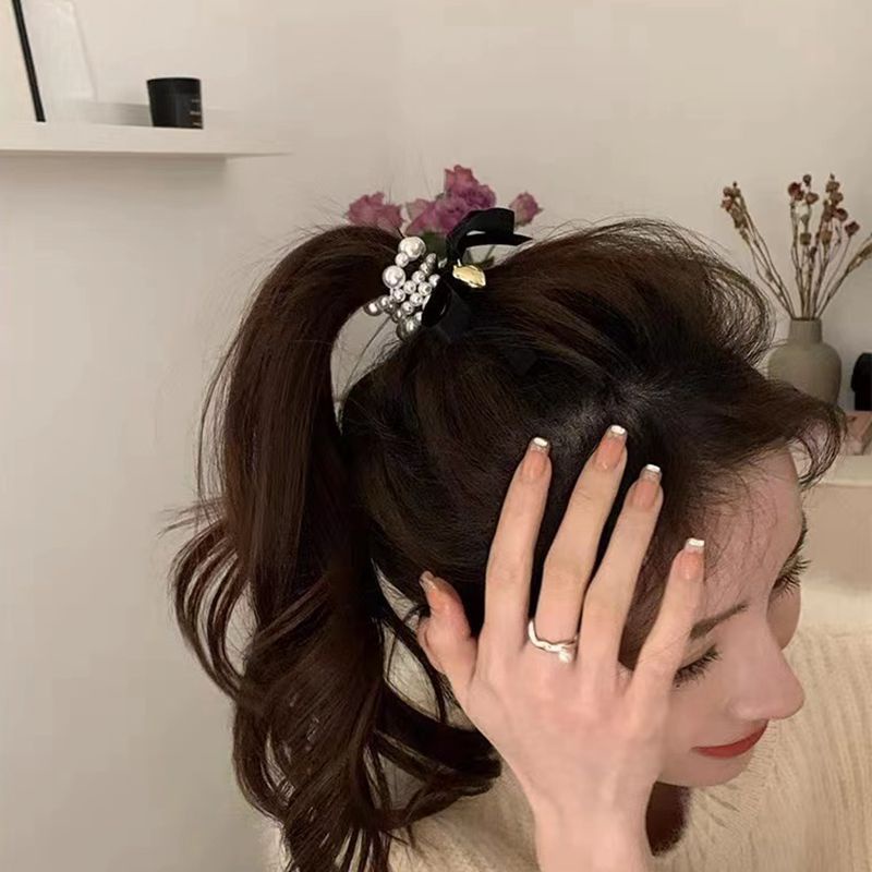 ยางรัดผม-ประดับโบว์-สองชั้น-ประดับไข่มุก-เข้ากับทุกการแต่งกาย-แฟชั่นฤดูร้อน-แบบเรียบง่าย