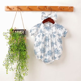 เสื้อผ้าเด็ก  Baby Girls Clothes  Floral Short Sleeve Romper  Infant Jumpsuit+headband 2pcs
