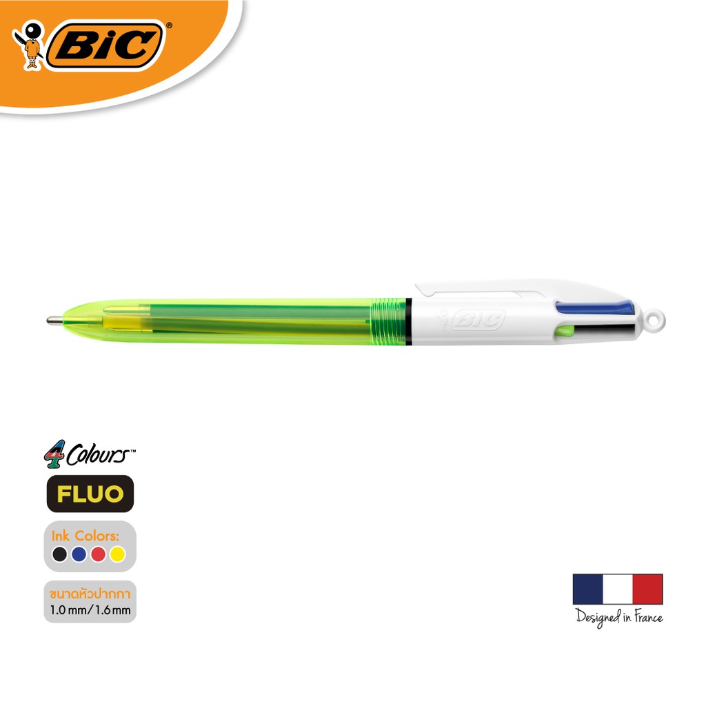 official-store-bic-บิ๊ก-ปากกา-4-colours-fluo-ปากกา-4สี-ปากกาลูกลื่น-1-0mm-ไฮไลท์สีเหลือง-1-6mm-จำนวน-1-ด้าม