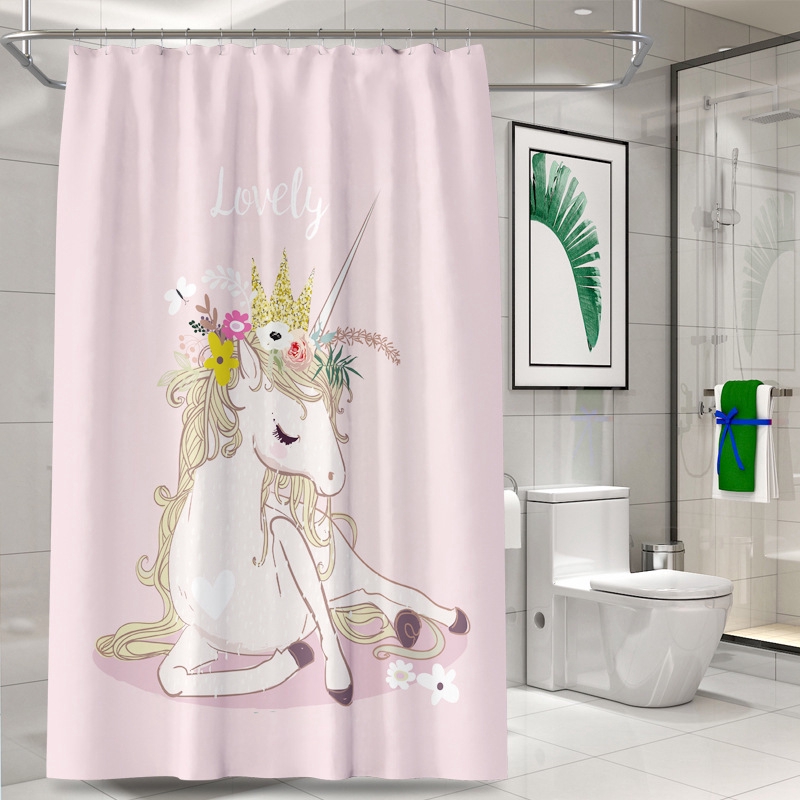 การ์ตูนยูนิคอร์นม่านอาบน้ำสีชมพูพิมพ์ม่านอาบน้ำกันน้ำเด็กตกแต่งห้องน้ำ