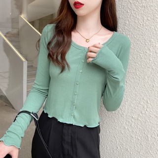 เสื้อยืดแขนยาวผ้าฝ้ายสไตล์เกาหลีสําหรับผู้หญิงสีพื้น