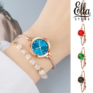 Ellastore123 นาฬิกาข้อมือควอตซ์แฟชั่น หน้าปัดกลม ประดับเพชรเทียม ปรับได้ สําหรับออกเดท