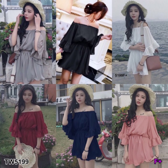 จั๊มสูทขาสั้น-ทรงปาดไหล่ผ้าชีฟอง