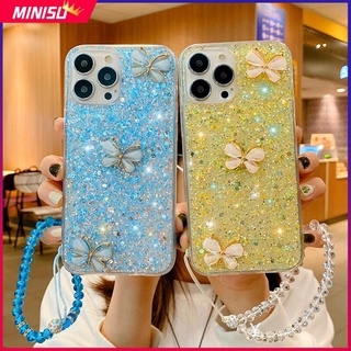เคสโทรศัพท์มือถือ ซิลิโคนนิ่ม ปิดด้านหลัง ลายผีเสื้อ 3D ประดับเลื่อมกลิตเตอร์ พร้อมสร้อยข้อมือคริสตัล สําหรับ iPhone 14 13 12 11 Pro Max 14Plus 13Mini 12 Mini