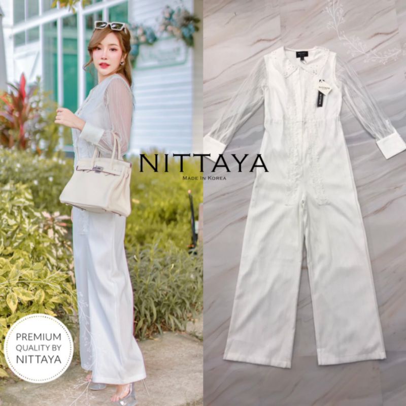 ป้าย-nittaya-จั้มสูทขายาวสีขาวแขนซีทรูคอปก