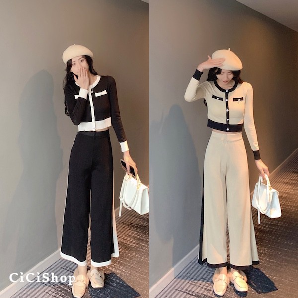 cicishop-bz251-1-setชุดเซตเสื้อแขนยาว-กางเกงขายาว-ผ้าไหมพรมแต่งกระดุมมุกสไตล์โคเรีย