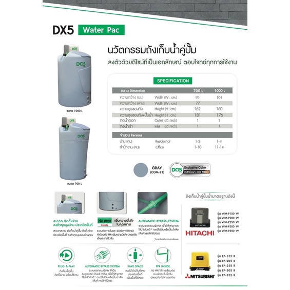 waterpac-dos-ถังเก็บน้ำ-ปั๊มน้ำ-hitachi-มิตซูบิชิรุ่น-dx5