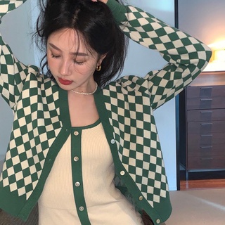 เสื้อคาร์ดิแกน แขนยาว ผ้าถัก ลายตาราง สีเขียว สไตล์เกาหลี สำหรับผู้หญิง