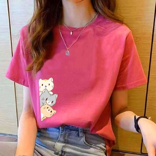 เสื้อยืดลําลอง คอกลม แขนสั้น พิมพ์ลายแมว ทรงหลวม ขนาดใหญ่ แฟชั่นฤดูร้อน สไตล์เกาหลี สําหรับเด็กผู้หญิง