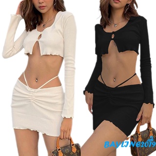 BAY-2 Pcs Lady´s Sexy Solid Color Suit, Round Neck Long Sleeve Backless Midriff-baring Top, Slim Short Package Hip Skirt