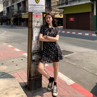 🖤 Cutie Black Daisy Dress มินิเดรสคอปกลายดอกเดซี่สีขาว