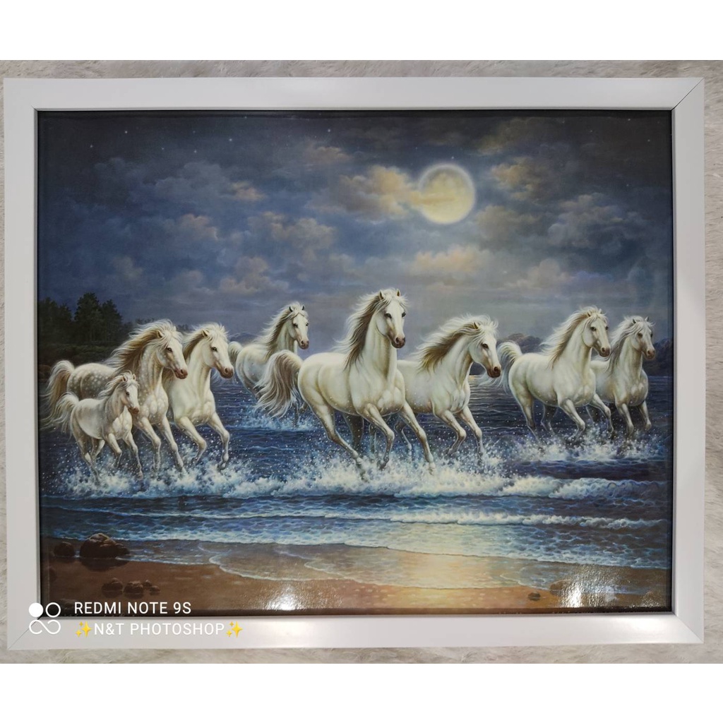 รูปภาพมงคล-ม้า8ตัว-ม้าสีหมอก-ม้าขาวพร้อมกรอบสีขาว-ขนาดรวมกรอบ17x22นิ้ว