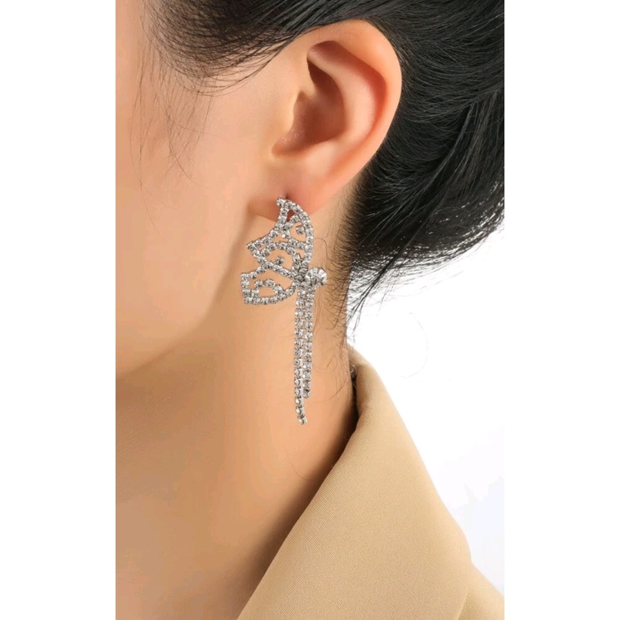 ต่างหูแฟชั่น-ต่างหูเพชรรูปผีเสื้อ-rhinestone-butterfly-drop-earrings-สีเงิน-ส่งจากไทย