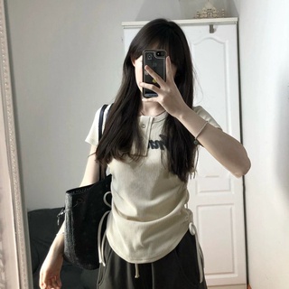 Chic pure desire hot girl top design เสื้อยืดแขนสั้นไหล่ไม่สม่ำเสมอผู้หญิง trend