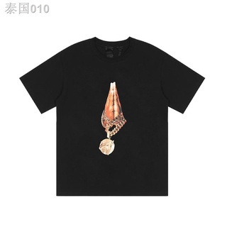 ☌✹Vlone pop ยุโรปและอเมริกา street hip-hop หลวมสไตล์ผู้ชายและผู้หญิงคู่ผ้าฝ้ายรอบคอใหญ่ V พิมพ์เสื้อยืดแขนสั้น