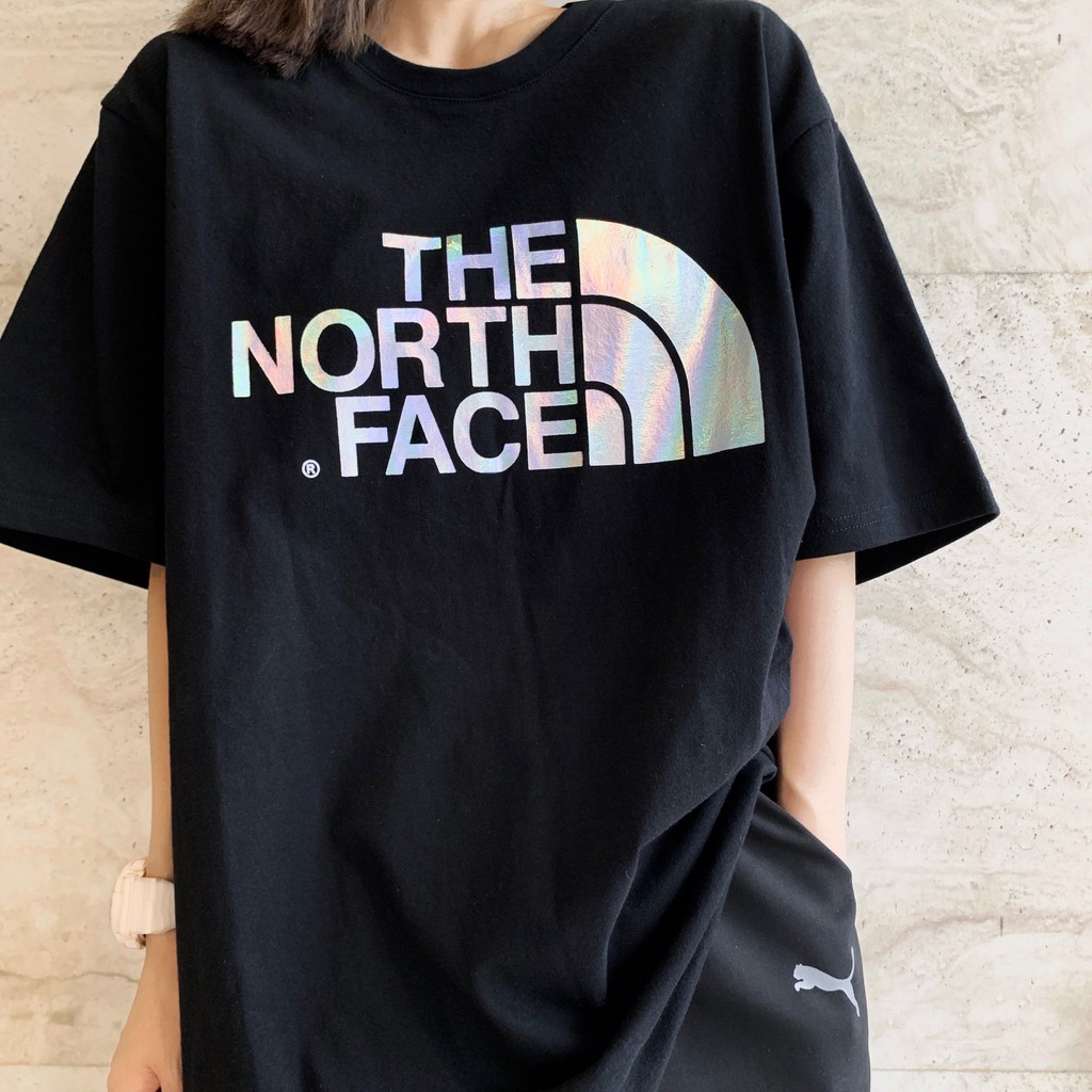 thenorthface-north-เสื้อยืดลําลองสําหรับผู้ชายผู้หญิงผ้าฝ้ายแขนสั้นพิมพ์ลายโลโก้สีม่วงทรงหลวม