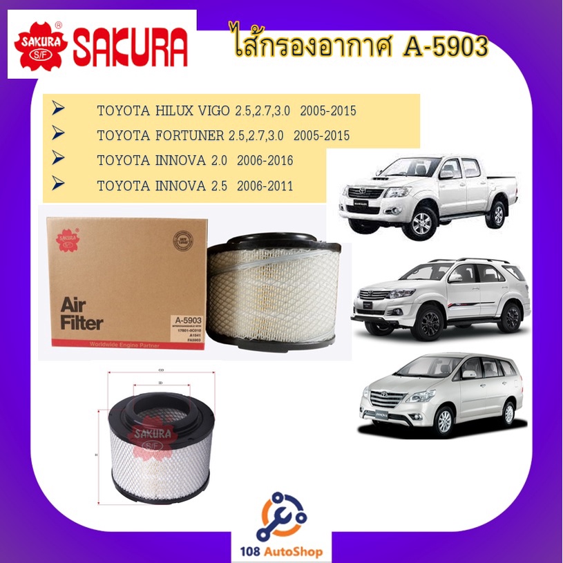 ไส้กรองอากาศ-sakura-toyota-vigo-fortuner-2-5-2-7-3-0-2005-2015-innova-2-0-2-5-2006-2016-ดูรุ่นรถในรายละเอียด
