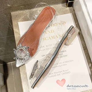 🥰พร้อมส่ง 💋1061 รองเท้าส้นแก้ว แต่งอะไหล่คริสตัล 💋