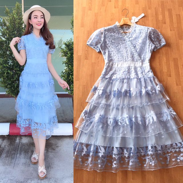 เดรสลูกไม้ฟ้า-m-l-dress-เดรสสีฟ้าปักลูกไม้กระโปรงระบายชั้นๆ-งานป้าย-love-love