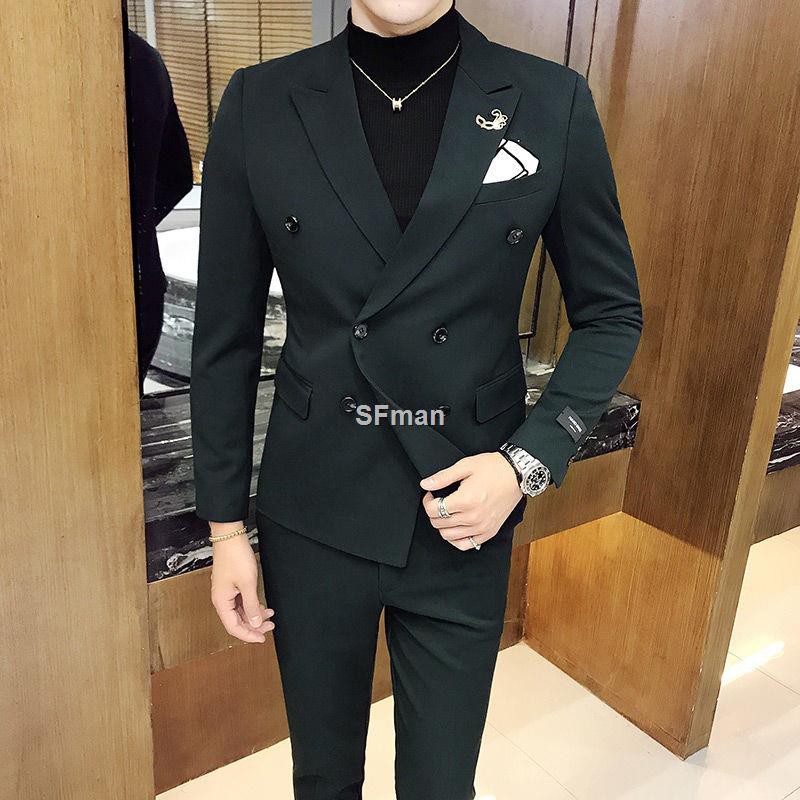 ฤดูใบไม้ร่วงและฤดูหนาวสวมใส่อย่างเป็นทางการสไตล์อังกฤษเสื้อสูทกระดุมสองแถวผู้ชายสลิมเกาหลีผู้ชายชุดสูทสองชิ้น