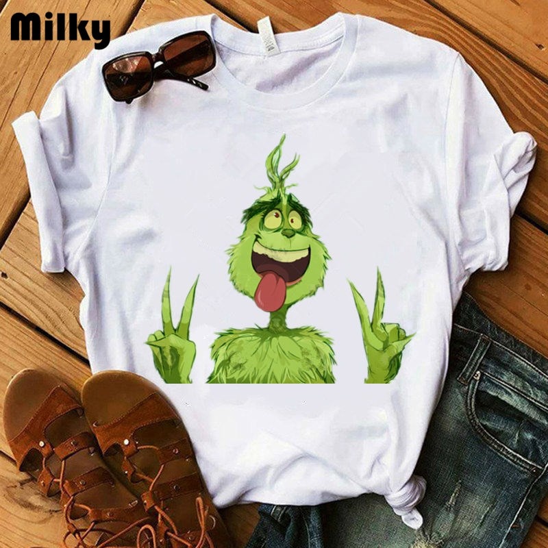 พร้อมส่ง-funny-grinch-t-shirt-women-cute-grinch-graphic-tshirt-female-harajuku-vogue-shirts-for-women-christmas