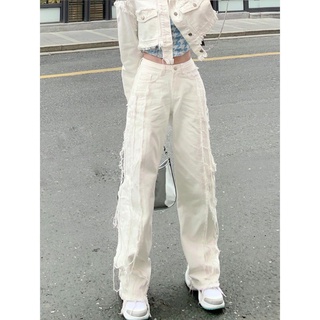 กางเกงยีนส์สไตล์เกาหลี ig🍇2021 ใหม่ BF กางเกงยีนส์ขากว้างทรงตรงเอวสูงสีขาวขอบดิบสำหรับผู้หญิงเทรนด์กางเกง