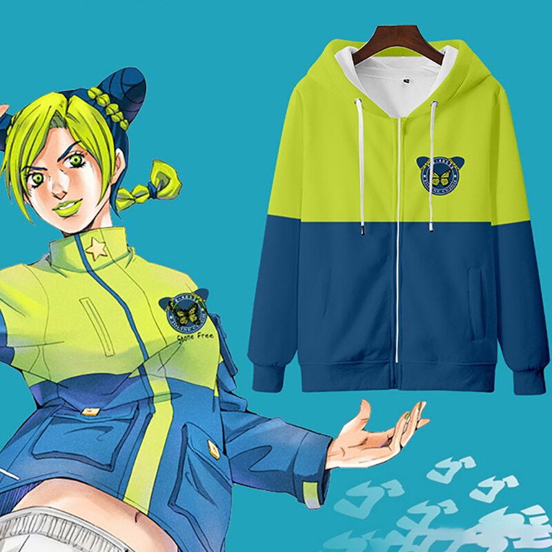 อะนิเมะ-jojos-bizarre-adventure-stone-ocean-jolyne-cujoh-คอสเพลย์-hoodie-เครื่องแต่งกาย-jolin-kujo-สีเขียวสีฟ้ากางเกงผู้หญิง