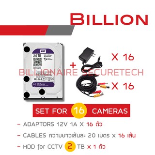 SET อุปกรณ์สำหรับกล้องวงจรปิด 16 ตัว : ADAPTOR X 16 + HDD 2 TB + สายสัญญาณความยาวเส้นละ 20 M. X 16