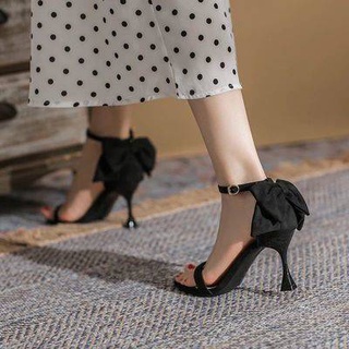 heel ❧รองเท้าแตะลมนางฟ้าหญิงบางและใหม่ในช่วงฤดูร้อนโบว์หนึ่งคำที่มีปลายเท้าเปิดรองเท้าส้นสูง☞