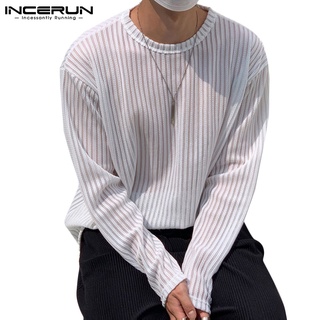 สินค้า Incerun เสื้อท็อปคอกลม แขนยาว ลายทางสีขาว / ดํา สําหรับผู้ชาย
