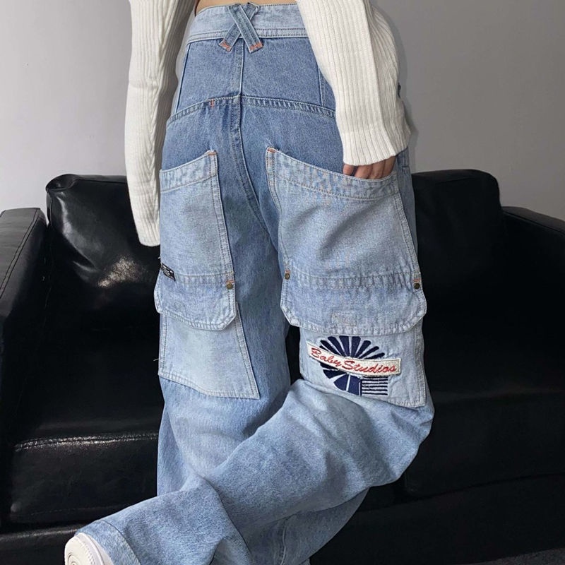 กางเกงยีนส์สไตล์เกาหลี-กางเกงสตรีทสไตล์อเมริกันสไตล์ย้อนยุคกระเป๋าไล่โทนสีกางเกงยีนส์ขนาดบวกหลวมแนวโน้ม