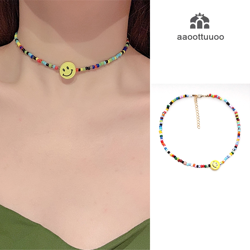 Boho Rainbow Color Beads Smiley Face Choker Necklaces For Women