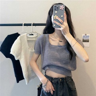 ใหม่เสื้อผ้าถักคอสี่เหลี่ยมแขนสั้นสําหรับผู้หญิง