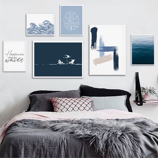 โปสเตอร์ภาพวาดผ้าใบ รูปทิวทัศน์ทะเล สไตล์นอร์ดิก เรียบง่าย สีฟ้าเข้ม สําหรับตกแต่งผนังบ้าน ห้องนั่งเล่น