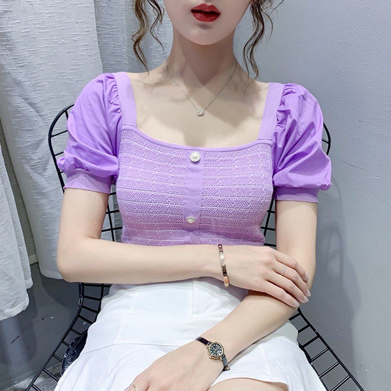ภาพหน้าปกสินค้าSweet ️เสื้อครอป ไหมพรม แขนพอง แขนทรงตุ๊กตาสีน่ารัก สไตล์เกาหลี ประดับกระดุมเงิน  / 6718 / จากร้าน sweetshop10 บน Shopee