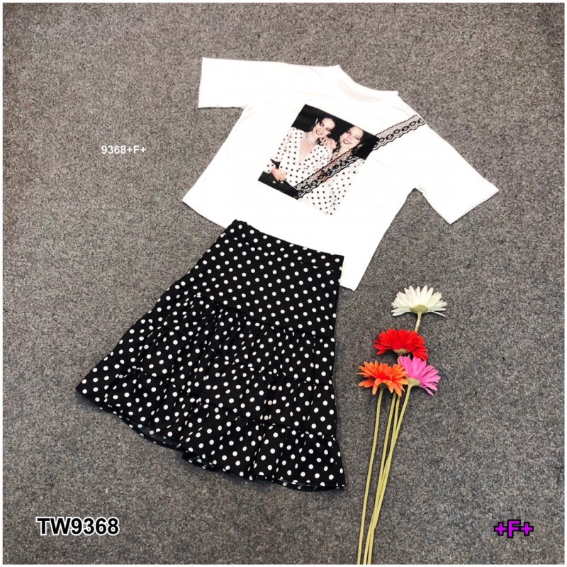 set-เสื้อสกรีนลายแจ่งลูกไม้-กระโปรงจุด-kp9368