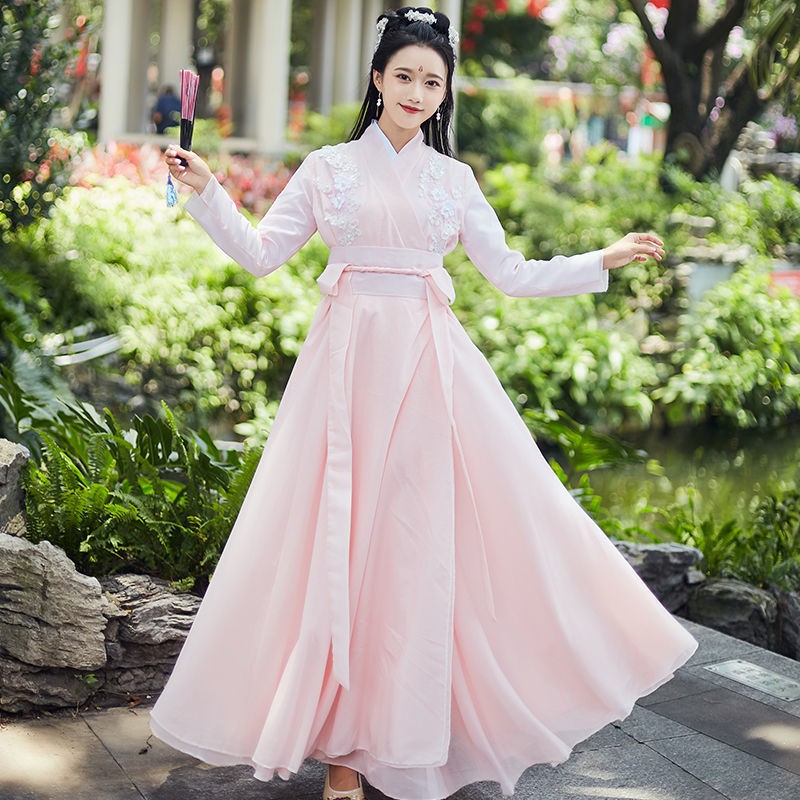 hot-sale-hanfu-นักเรียนหญิงชุดโบราณกระโปรงเอวยาวสีชมพูเสื้อแขนใหญ่หอมน้ำผึ้งวรรคเดียวกันกระโปรงนางฟ้าปรับปรุงสไตล์จีน