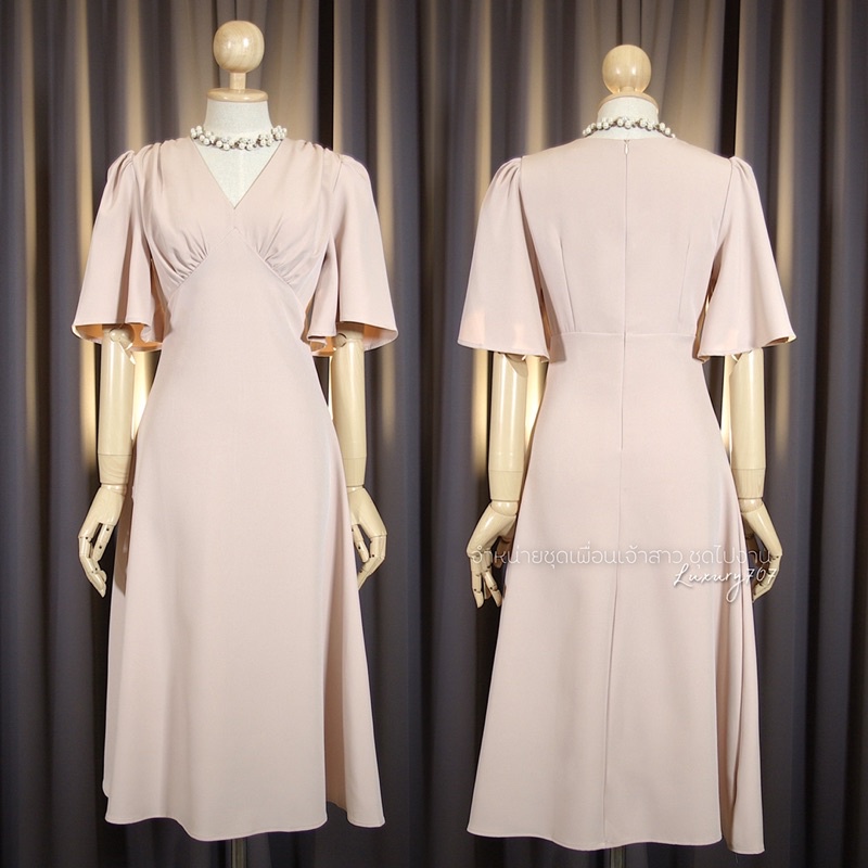 luxury707-fn8107-ชุดไปงานแต่ง-midi-dress-คอวี-แขนกระดิ่ง