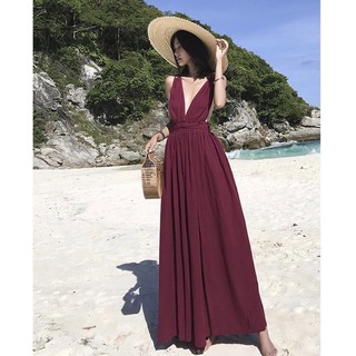 ** พร้อมส่ง ที่ไทย🇹🇭 ** Maxi dress สีแดงเปลือยหลัง DS084