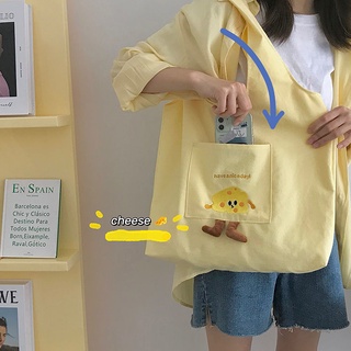 🧀💕New/ins wind solid color tote bag womens shoulder bag canvas fresh large-capacity cheese canvas bag