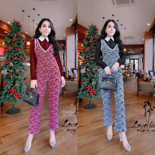 ป้าย Borichta Set 2 ชิ้น เสื้อเชิ้ตชีฟองแขนยาว + เอี๊ยมจั้มสูทลายกราฟฟิก