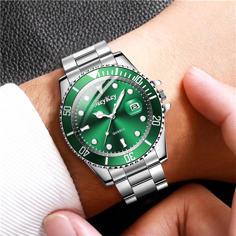 นาฬิกาข้อมือควอตซ์-สายแสตนเลส-เรืองแสง-กันน้ํา-สีเขียว-สไตล์นักธุรกิจ-สําหรับผู้ชาย