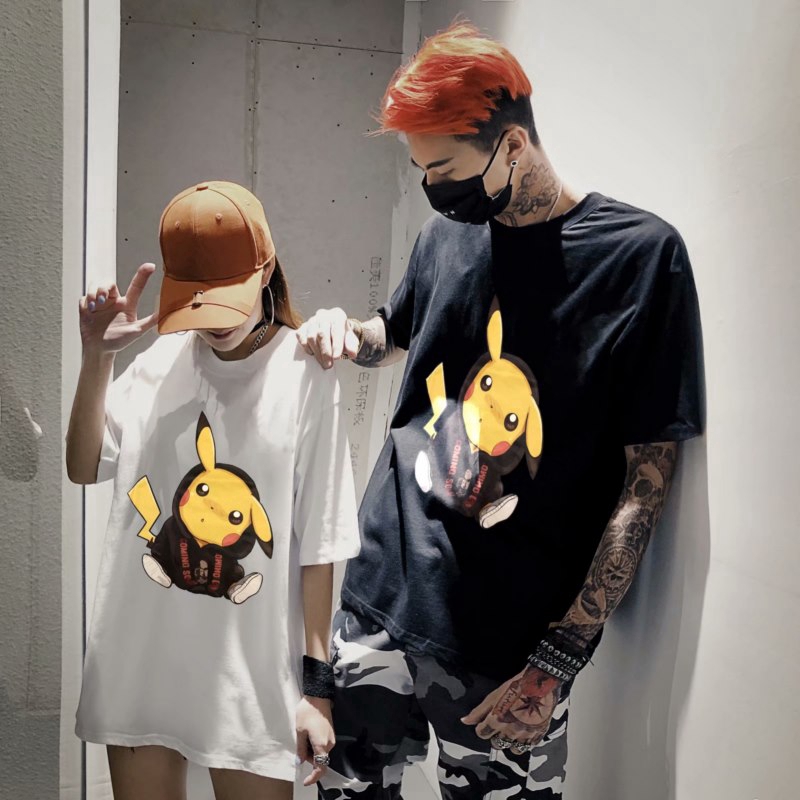 fashion-oversize-loose-shirts-men-tee-short-sleeved-t-shirt-pikachu-anime-casual-shirt-couples-dress-meshoเสื้อยืด