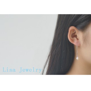 ต่างหูมุกธรรมชาติ   Round glare pearl S925 sterling silver long chain earrings