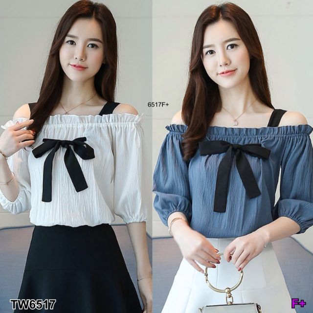 lt-tw6517-gt-set2ชิ้น-เสื้อสายเดี่ยวปาดไห่ลผูกโบว์-กระโปรงเอวสูง-เสื้อสายเดี่ยวปาดไห่ลระบาย-แบบผูกเอง