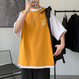 ▥แพนด้าปลอมสองชิ้นแขนสั้นเสื้อยืดผู้ชายฤดูร้อนใหม่ INS ฮ่องกงแฟชั่นแบรนด์แนวโน้มหลวมความเห็นอกเห็นใจเสื้อผ้า